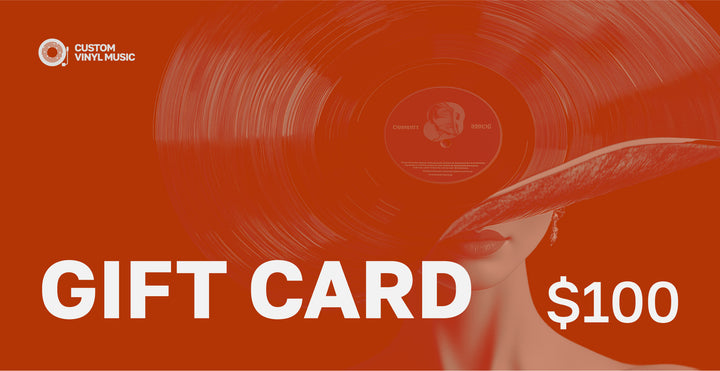 $100 Custom Vinyl Music gift card featuring modern vinyl record artwork with woman's portrait and bold red background. Perfect gift for custom vinyl records, personalized music gifts, weddings, anniversaries, and special occasions