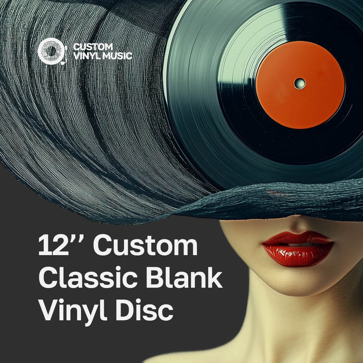 Vinyl record with a woman wearing a wide-brimmed hat, featuring 'Custom Vinyl Music' branding.