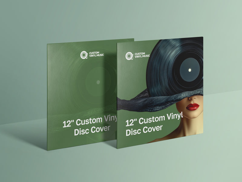 Two green '12" Custom Vinyl Disc Cover' with a design of a woman wearing a vinyl record on her head.