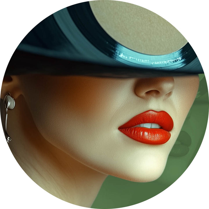 Close-up of a woman's face with red lipstick wearing a black visor.