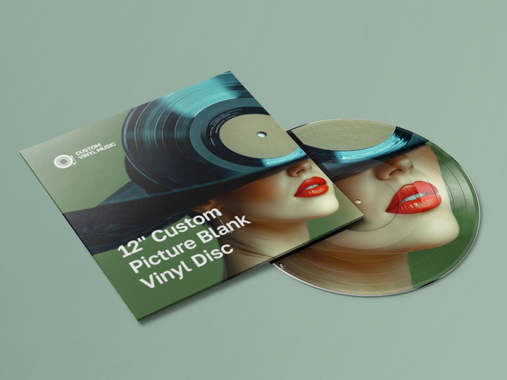 12" Custom Picture Blank Vinyl Disc with packaging on a light green background