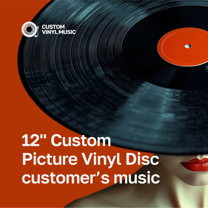 Vinyl record with an orange label on a brown background, featuring 'Custom Vinyl Music' branding.