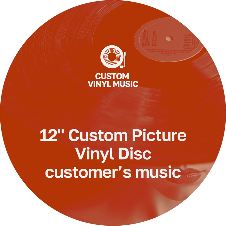 Red vinyl record with 'Custom Vinyl Music' branding and text about a 12-inch custom picture vinyl disc.