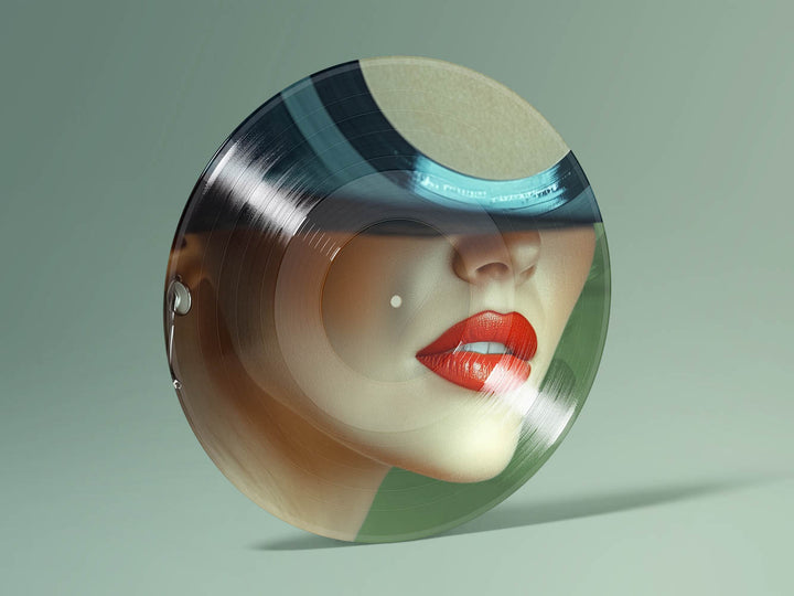 Circular object with a face design on a green background