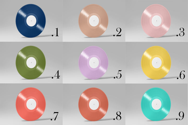 Custom vinyl record color options for personalized 12-inch vinyl discs. Nine color choices: navy blue, rose gold, pastel pink, olive green, lavender, yellow, coral, terracotta, and turquoise. Custom printed vinyl records for unique music gifts