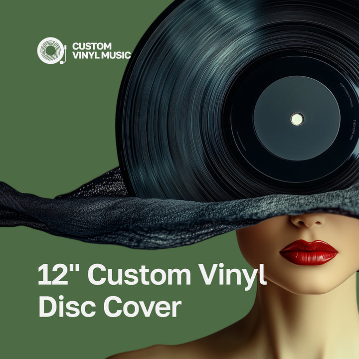 Vinyl record covering a woman's face with 'Custom Vinyl Music' branding.