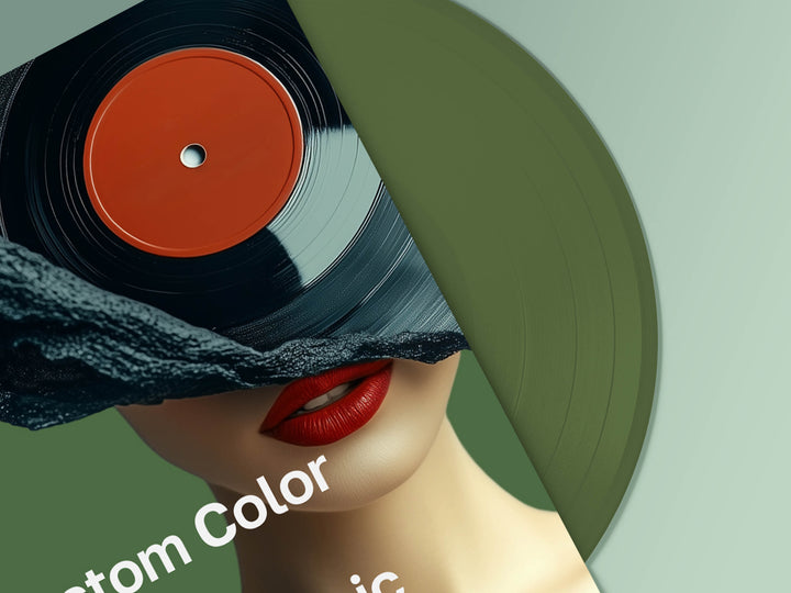 Vinyl record with red label over a woman's face, wearing red lipstick.