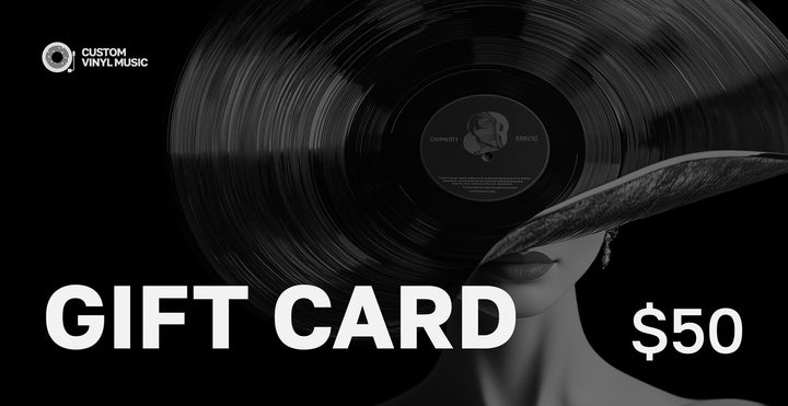 $50 Custom Vinyl Music gift card featuring modern vinyl record artwork with woman's portrait and bold red background. Perfect gift for custom vinyl records, personalized music gifts, weddings, anniversaries, and special occasions