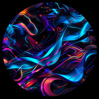 Abstract neon artwork with flowing ribbon-like forms in electric blue, cyan, purple, pink, orange, and red on a black background, presented within a circular frame.