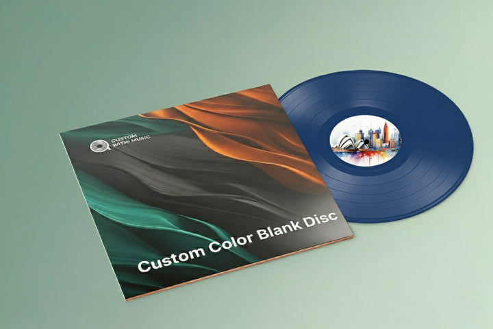 Navy Blue vinyl record with a custom color cover on a light green background
