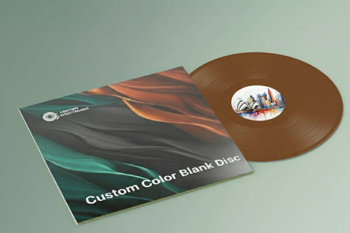 Brown vinyl record with a colorful sleeve on a light green background