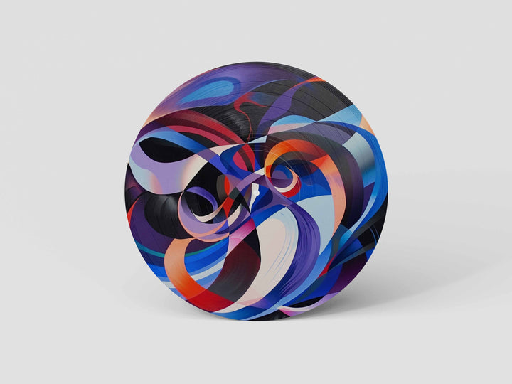 Custom 12-inch picture vinyl record with abstract modern art design in blue, orange, and red tones. Unique personalized vinyl pressing for custom music gifts, home decor, weddings, anniversaries, and special occasions
