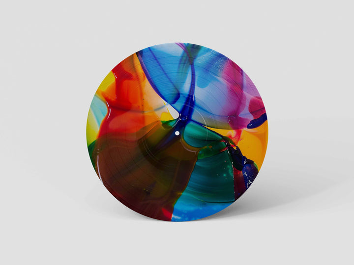 Custom 12-inch picture vinyl record with abstract modern art design in blue, orange, and red tones. Unique personalized vinyl pressing for custom music gifts, home decor, weddings, anniversaries, and special occasions
