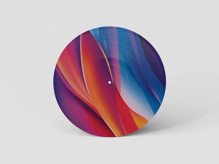 Custom 12-inch picture vinyl record with abstract modern art design in blue, orange, and red tones. Unique personalized vinyl pressing for custom music gifts, home decor, weddings, anniversaries, and special occasions