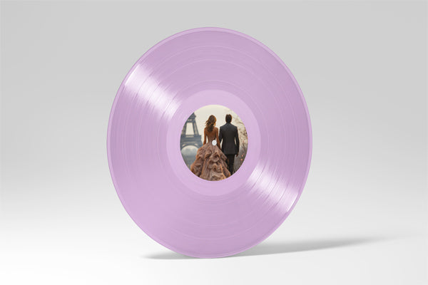 Custom lavender 12-inch vinyl record with personalized photo label of couple near Eiffel Tower. Unique custom vinyl pressing for weddings, anniversaries, romantic Paris-themed gifts, and personalized music keepsakes