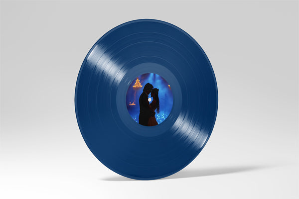 Custom navy blue 12-inch vinyl record with personalized photo label featuring romantic couple silhouette. Unique custom vinyl disc for weddings, anniversaries, and special music gifts with photo customization
