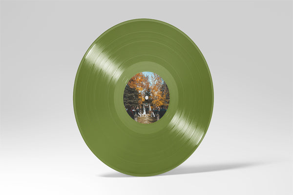Custom olive green 12-inch vinyl record with personalized photo label of couple in autumn park setting. Unique personalized vinyl pressing for fall weddings, anniversaries, romantic gifts, and custom music keepsakes