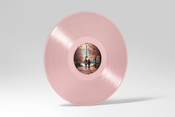Custom pastel pink 12-inch vinyl record with personalized photo label of couple walking under cherry blossoms. Unique romantic vinyl pressing for anniversaries, weddings, personalized music gifts, and special keepsakes
