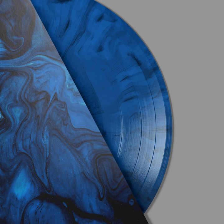 Custom marbled blue 12-inch vinyl record with matching abstract artwork on cover. Full-color personalized vinyl pressing for weddings, anniversaries, romantic gifts, and unique custom music keepsakes