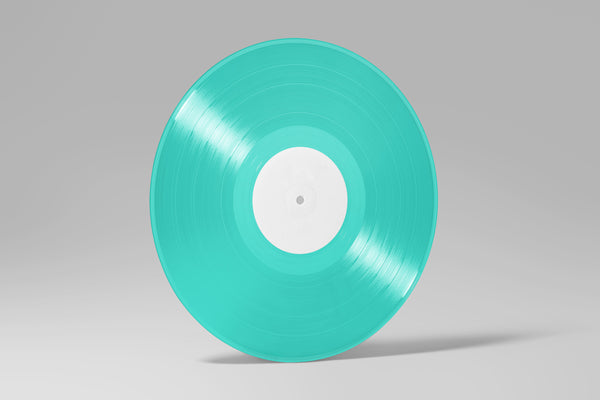 Custom turquoise 12-inch vinyl record with blank label for personalized printing. Unique custom vinyl pressing for weddings, anniversaries, music gifts, and fully customized photo or text labels
