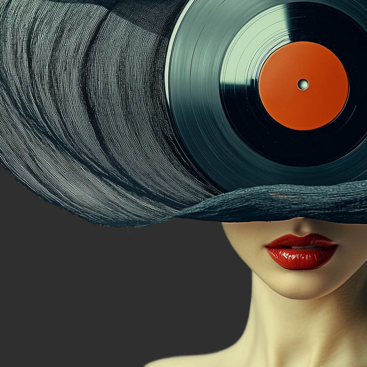 Vinyl record with red label on a woman's face, wearing a wide-brimmed hat.