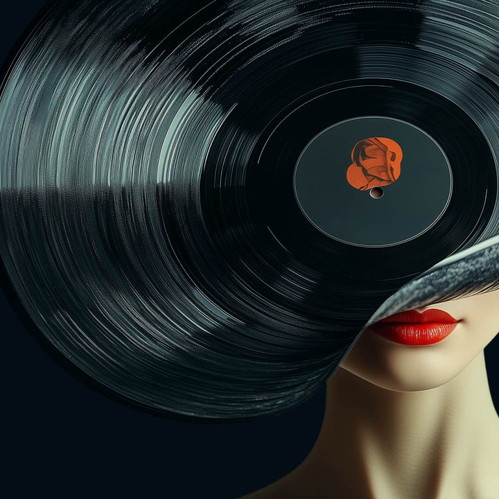 Vinyl record with a face design on it, held by a person with red lipstick.