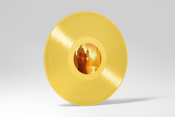 Custom yellow 12-inch vinyl record with personalized photo label of couple in romantic Venice sunset. Unique custom vinyl pressing for weddings, anniversaries, travel-themed romantic gifts, and personalized music keepsakes