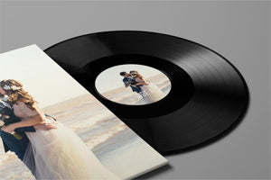 Custom vinyl record with personalized cover photo and center label featuring wedding couple, perfect for creating romantic music gifts and keepsake vinyl albums