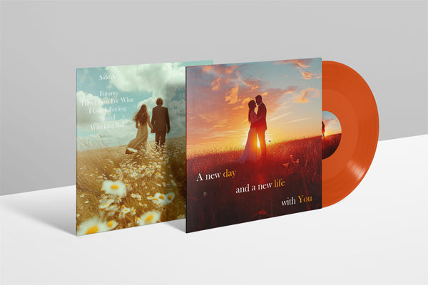 Custom terracotta 12-inch vinyl record with personalized cover artwork and song list. Romantic design featuring couple at sunset, floral field background, and custom song titles. Unique personalized vinyl gift for weddings, anniversaries, and special occasions