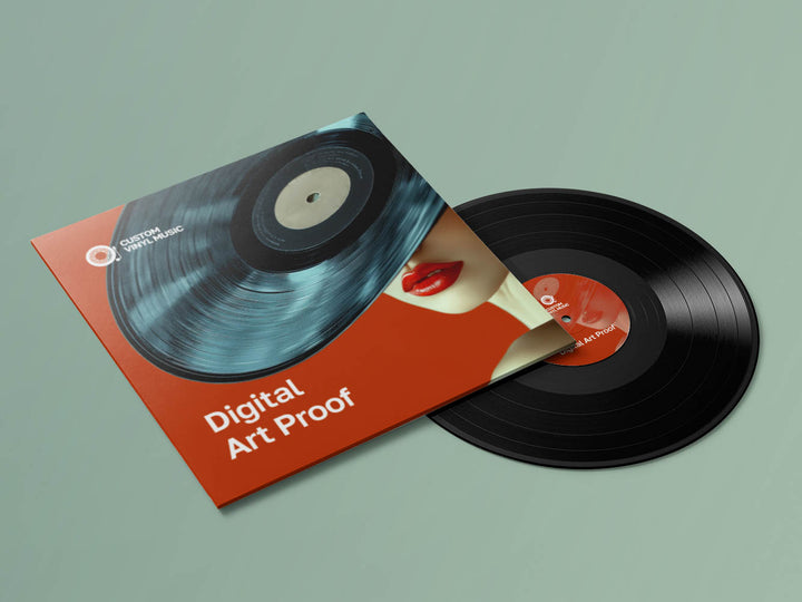 Vinyl record with a digital art proof cover on a green background