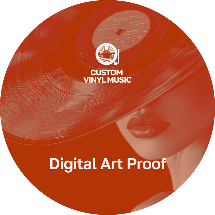 Red vinyl record with a woman's face and 'Custom Vinyl Music' logo, labeled 'Digital Art Proof'.