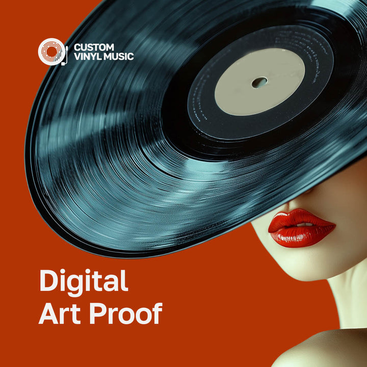 Vinyl record with a woman's face wearing a record as a hat on an orange background, featuring 'Custom Vinyl Music' branding.