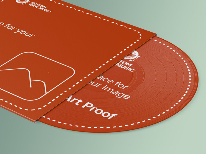 Red vinyl record and sleeve with 'Custom Vinyl Music' branding on a light green background
