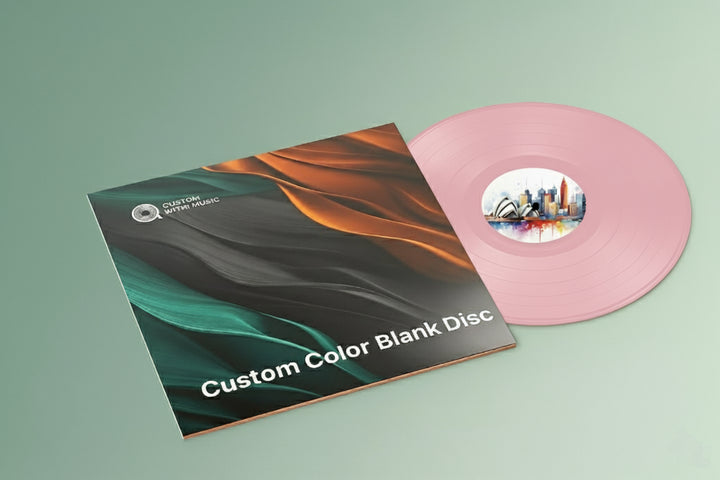 Millenial pink vinyl record with a colorful cover on a green background