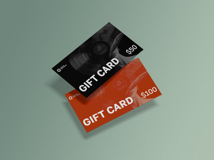 Custom Vinyl Music gift cards in $50 and $100 values. Modern design featuring vinyl record artwork with black and orange color options. Perfect gift for personalized vinyl records, custom music gifts, weddings, anniversaries, and special occasions