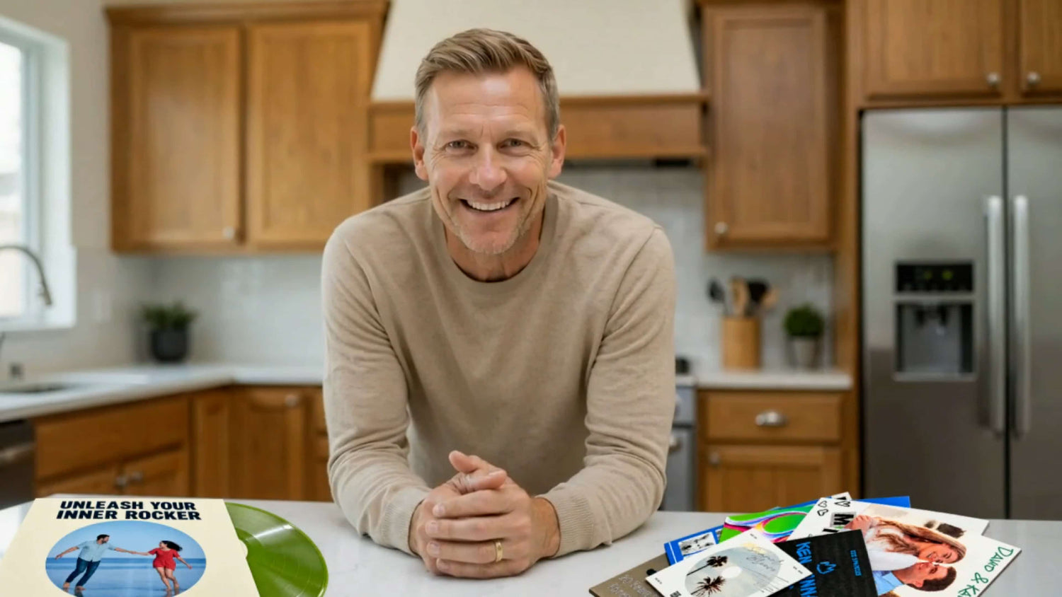 Smiling man in a home kitchen displaying personalized vinyl records and custom album covers.
