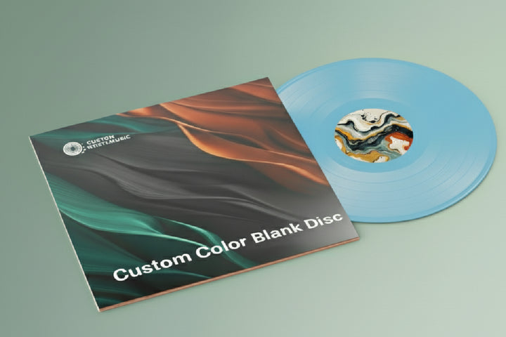 Light blue record with a colorful cover on a green background