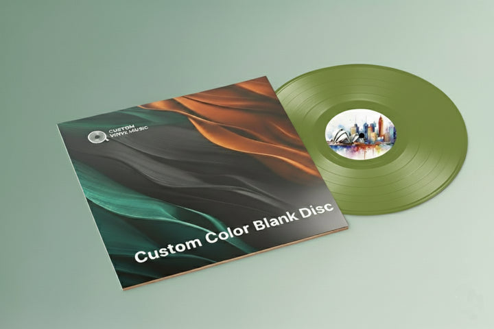 Olive Green vinyl record and cover with 'Custom Color Blank Disc' text on a light green background