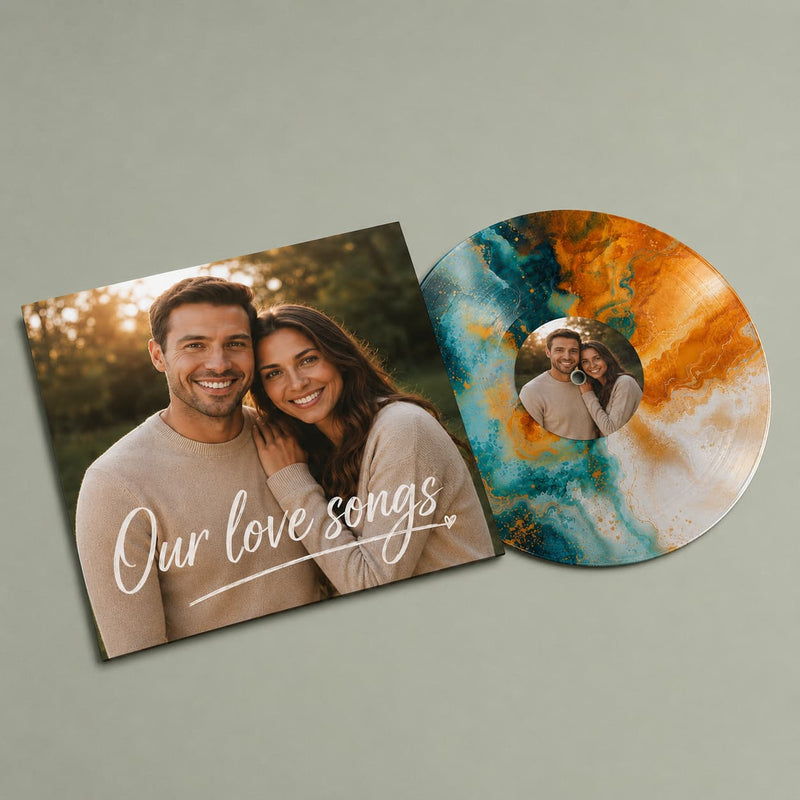 Custom vinyl record and album cover featuring a photorealistic smiling couple, with “Our love songs” in white script on the cover. The vinyl has a teal, orange, gold, and ivory marbled design, visible grooves, a matching couple photo on the center label, and a spindle hole in the middle, displayed on a clean sage-green studio background