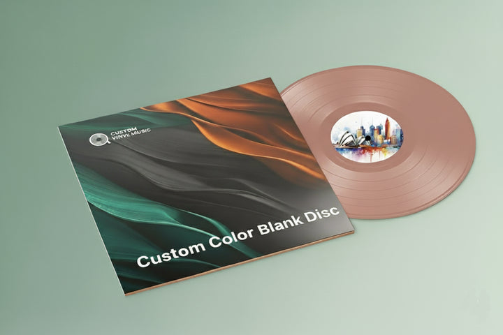 Dusty Rose color vinyl record and cover on a light green background