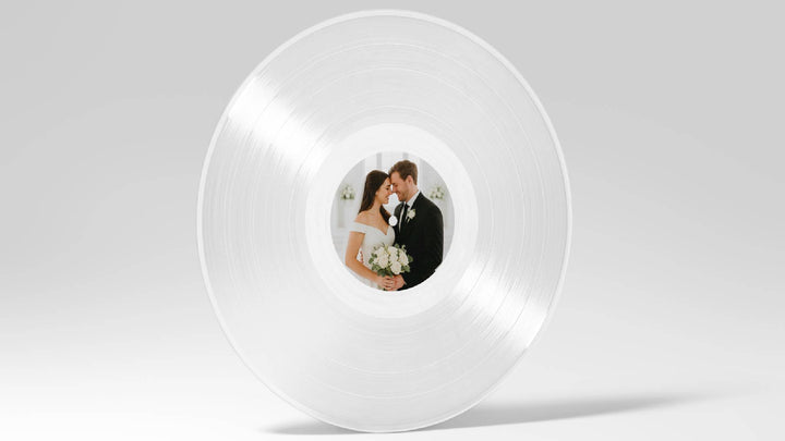 White vinyl record with a photo of a couple on a gray background