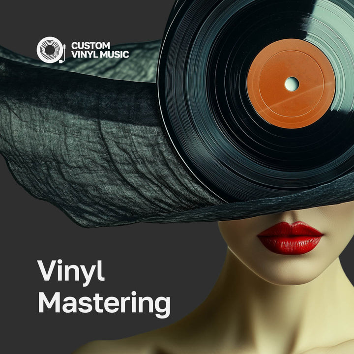 Person wearing a vinyl record as a mask with 'Custom Vinyl Music' branding and 'Vinyl Mastering' text.