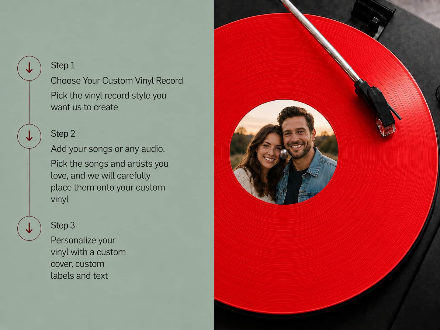 Vertical custom vinyl infographic with a soft sage-green text panel on the left showing three steps for creating a custom vinyl record, and a high-quality product photo on the right of a bright red vinyl record with visible grooves on a turntable. The center label features a photorealistic smiling couple outdoors, with the spindle protruding through the middle of the label