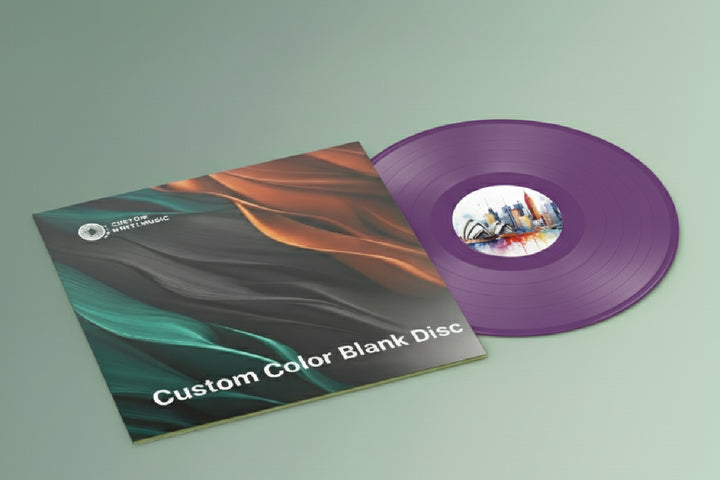 Violet vinyl record with a colorful cover on a light green background