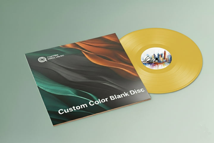 Mustard yellow color blank vinyl disc with a colorful cover on a light green background