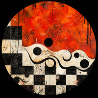 Circular abstract artwork featuring a bold orange-red textured upper section, a black-and-white checkerboard lower section, and a central white wave-like form with black circular accents, all on a black background.