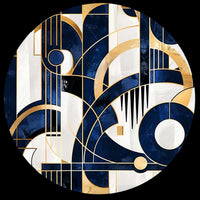 A circular abstract art print featuring a geometric Art Deco design in navy blue, white, and gold, set against a solid black background.