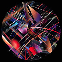 Abstract geometric art print featuring intersecting lines, translucent shapes, and glowing color fields in red, blue, purple, orange, and pink over a black background.