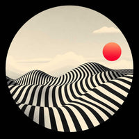 A circular art print featuring a stylized landscape with black and white striped dunes under a pale sky with a red sun, set against a solid black background.