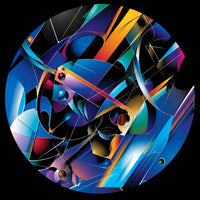 Abstract geometric art print featuring a vibrant, multicolored composition of blue, yellow, orange, red, purple, and black shapes on a black background.